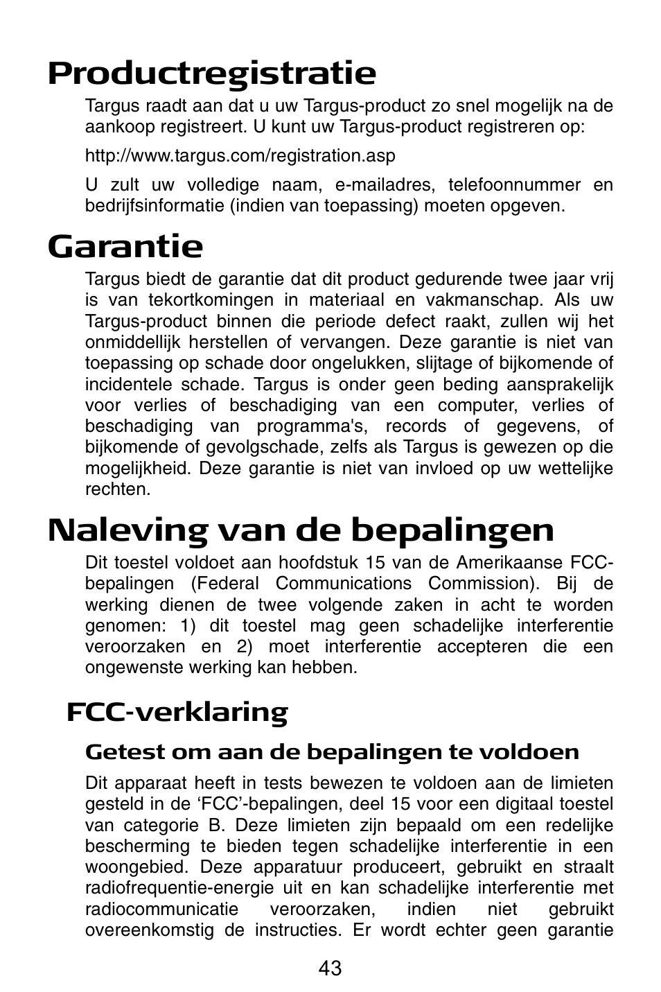 Productregistratie, Garantie, Naleving van de bepalingen | Fcc-verklaring | Targus Notebook Mouse User Manual | Page 43 / 52