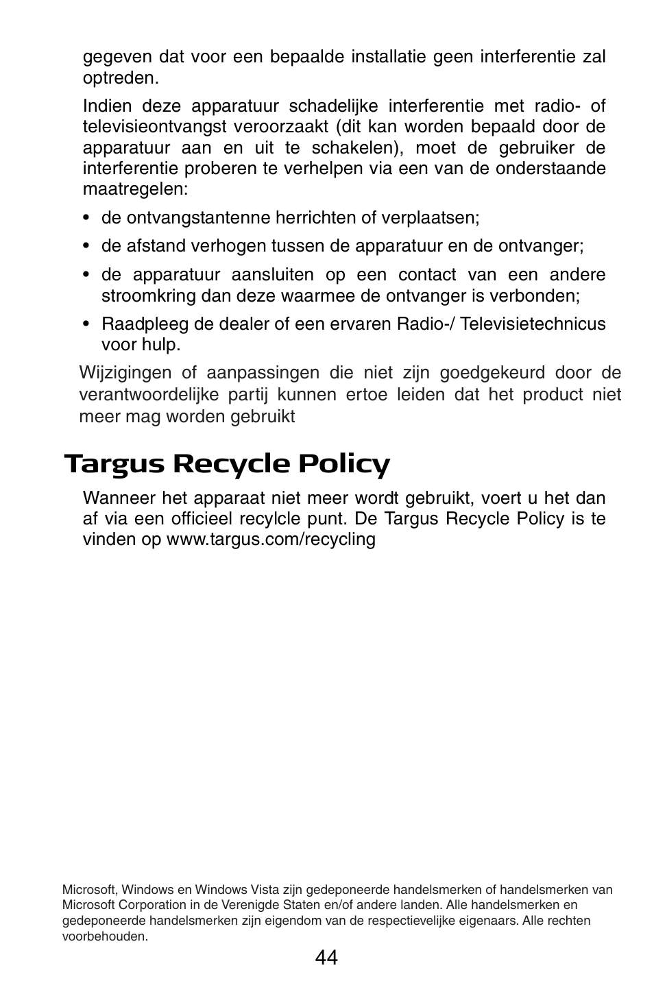 Bewijs van overeenkomst, Targus recycle policy | Targus Notebook Mouse User Manual | Page 44 / 52