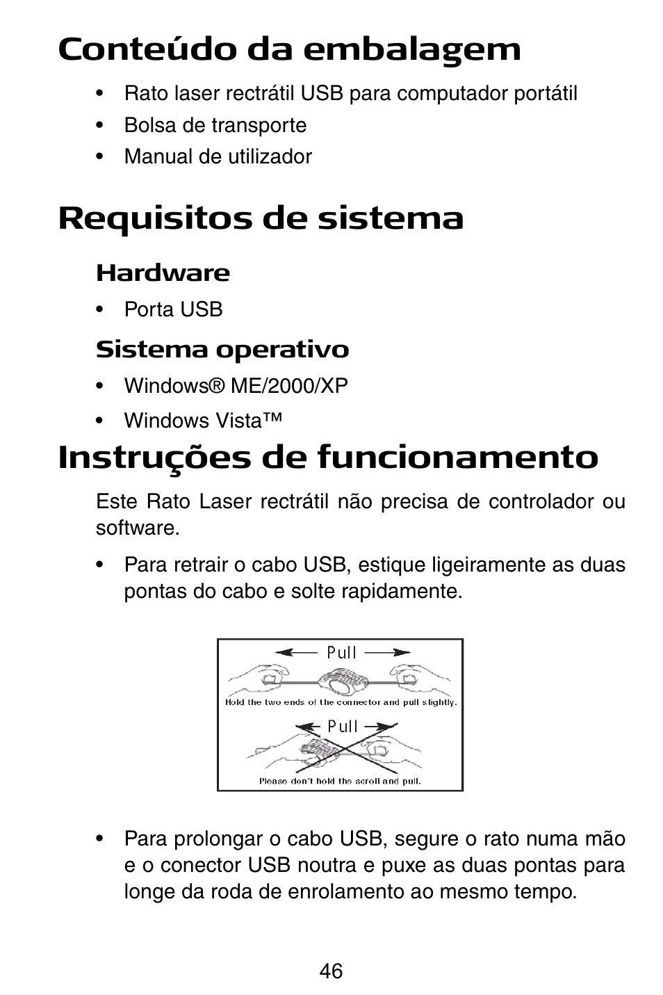 Conteúdo da embalagem, Requisitos de sistema, Instruções de funcionamento | Targus Notebook Mouse User Manual | Page 46 / 52