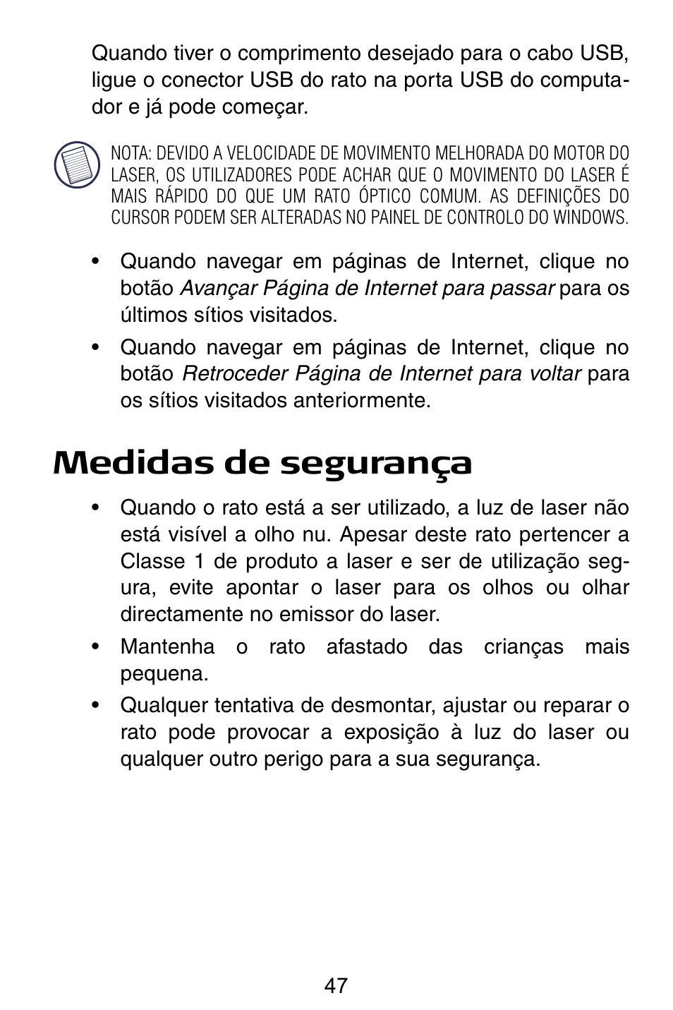 Medidas de segurança | Targus Notebook Mouse User Manual | Page 47 / 52