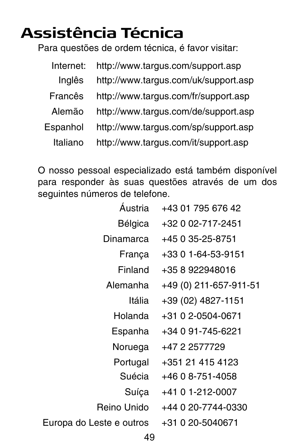 Assistência técnica | Targus Notebook Mouse User Manual | Page 49 / 52