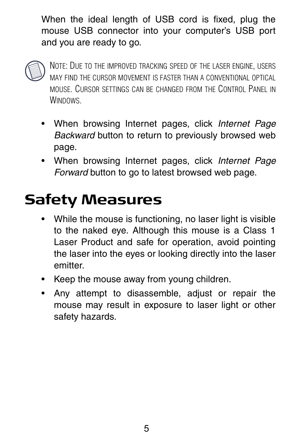 Safety measures | Targus Notebook Mouse User Manual | Page 5 / 52