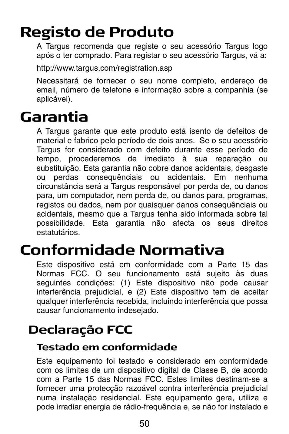 Registo de produto, Garantia, Conformidade normativa | Declaração fcc | Targus Notebook Mouse User Manual | Page 50 / 52