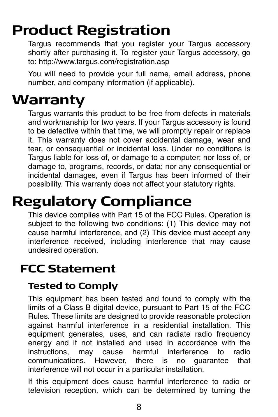 Product registration, Warranty, Regulatory compliance | Fcc statement | Targus Notebook Mouse User Manual | Page 8 / 52