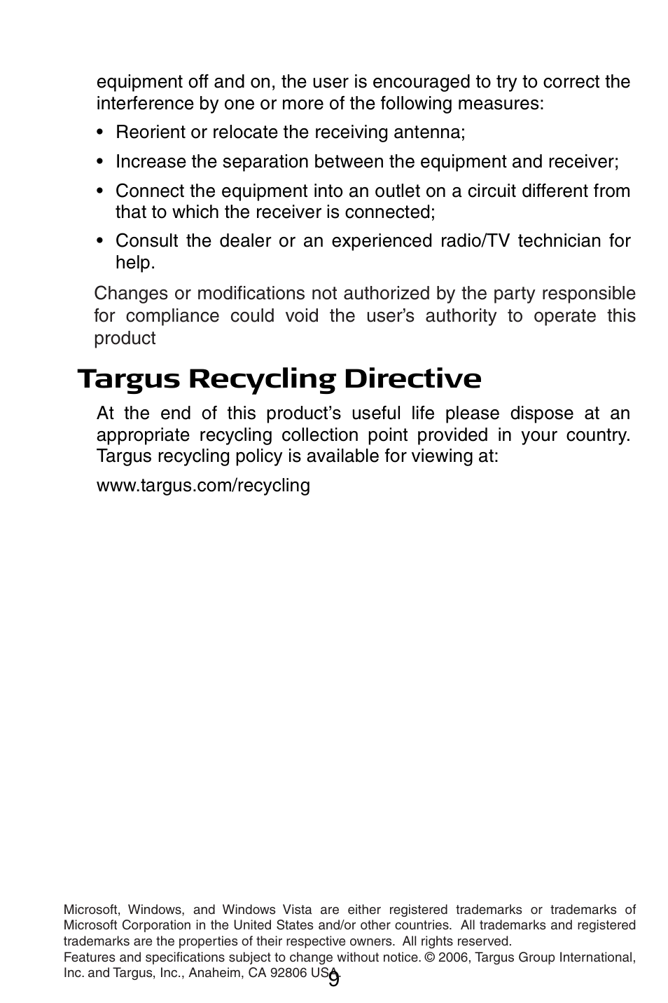 Declaration of conformity, Targus recycling directive | Targus Notebook Mouse User Manual | Page 9 / 52