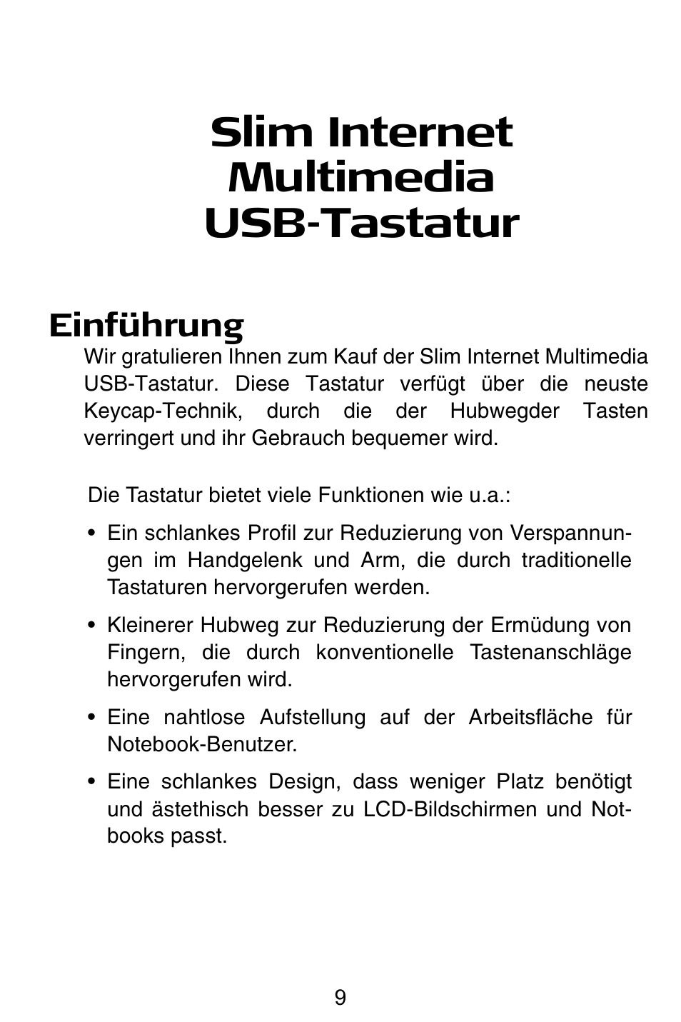 Slim internet multimedia usb-tastatur, Einführung | Targus slim internet multimedia USB keyboard User Manual | Page 10 / 51