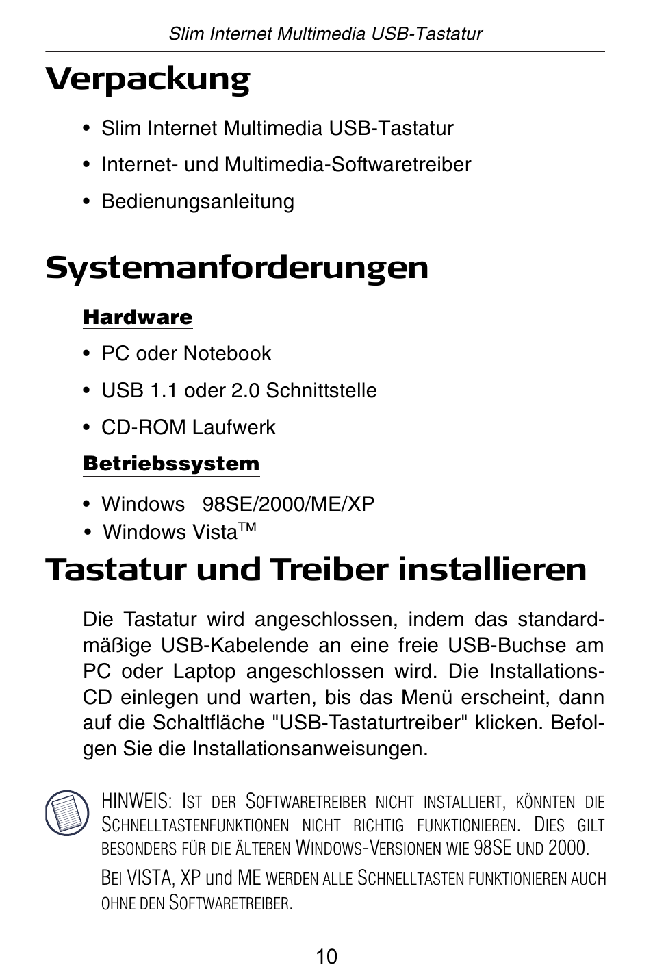 Verpackung, Systemanforderungen, Tastatur und treiber installieren | Targus slim internet multimedia USB keyboard User Manual | Page 11 / 51