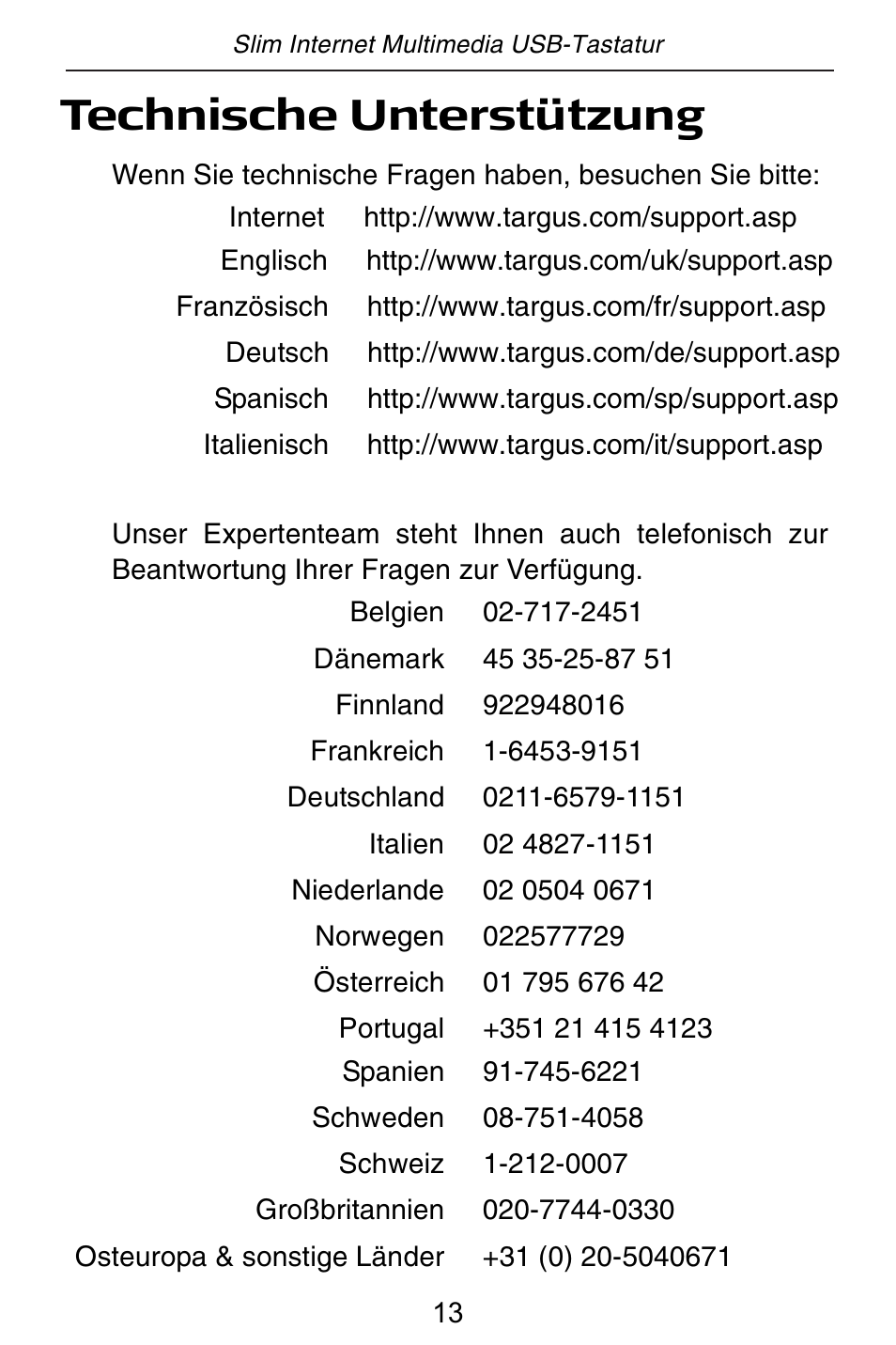 Technische unterstützung | Targus slim internet multimedia USB keyboard User Manual | Page 14 / 51