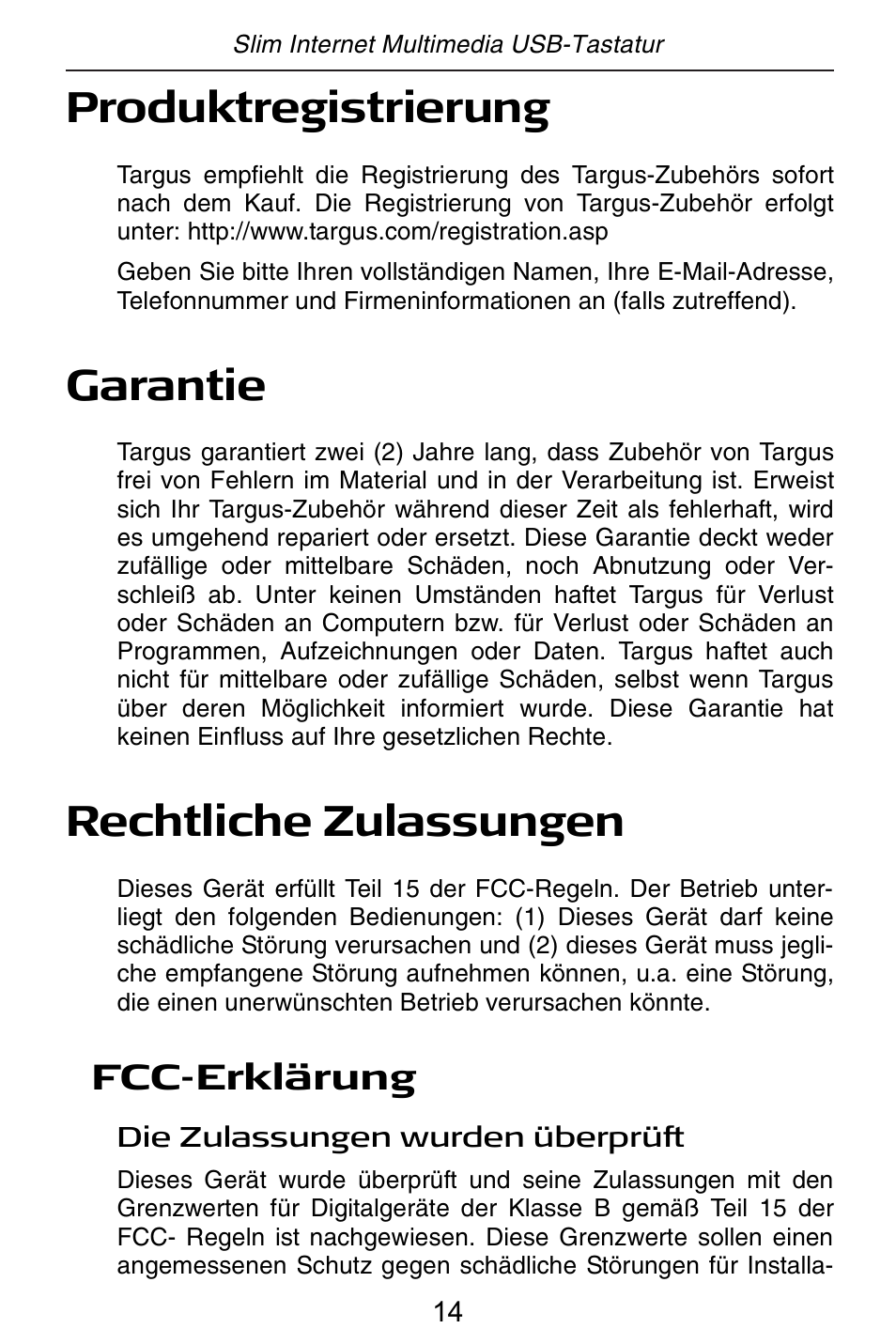 Produktregistrierung, Garantie, Rechtliche zulassungen | Fcc-erklärung | Targus slim internet multimedia USB keyboard User Manual | Page 15 / 51