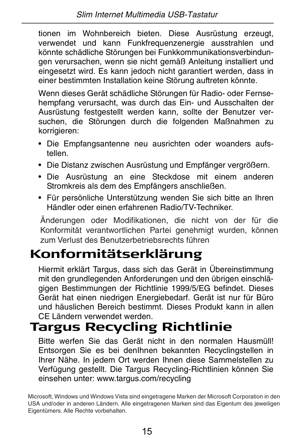 Konformitätserklärung, Targus recycling richtlinie | Targus slim internet multimedia USB keyboard User Manual | Page 16 / 51