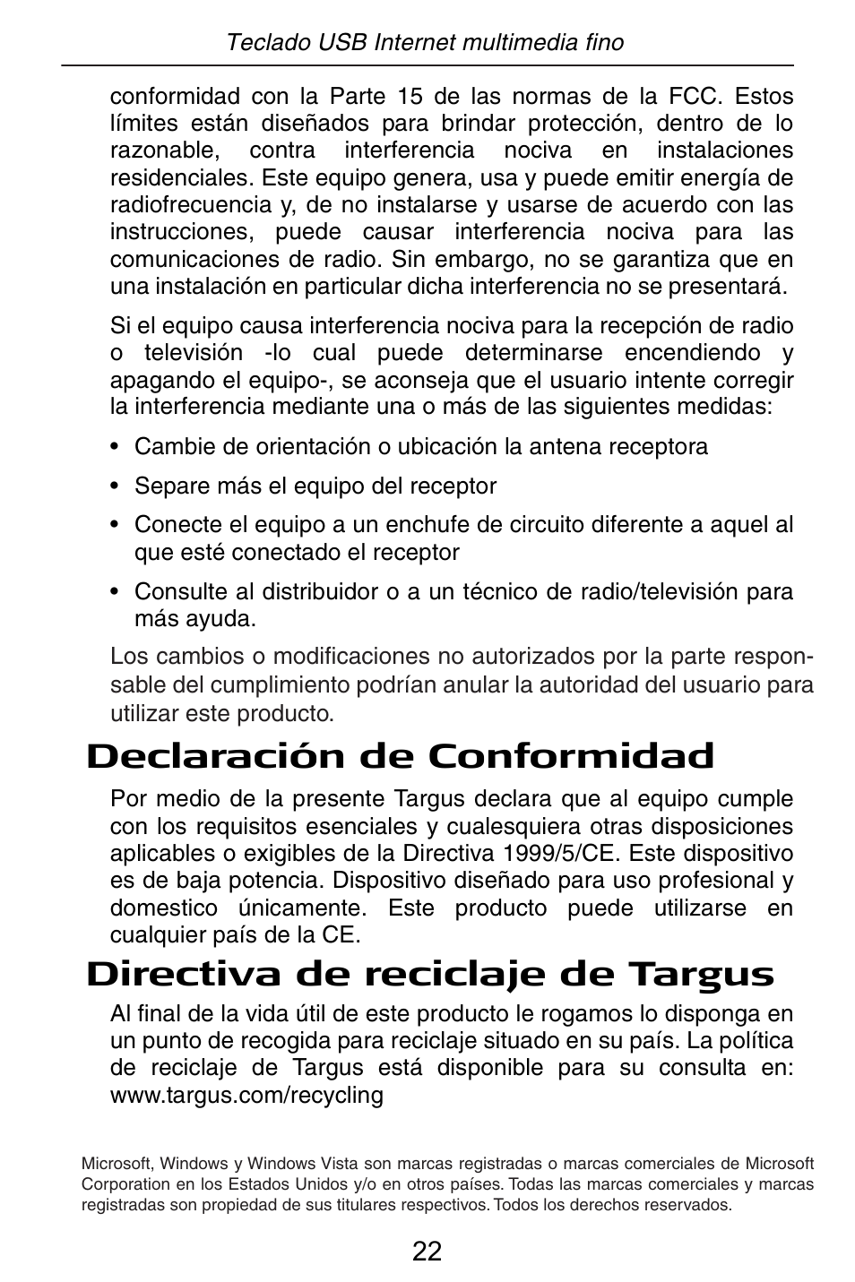 Declaración de conformidad, Directiva de reciclaje de targus | Targus slim internet multimedia USB keyboard User Manual | Page 23 / 51