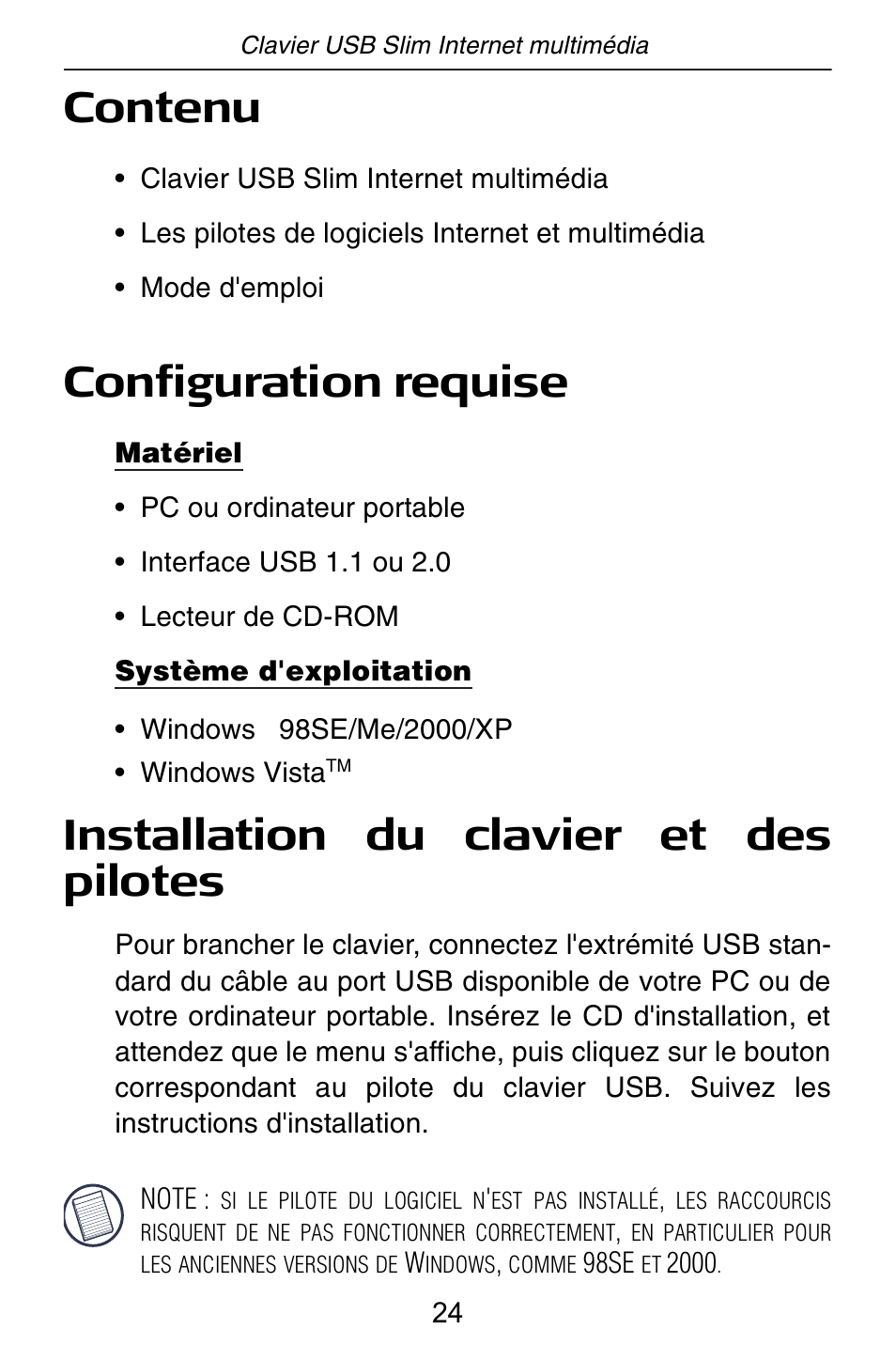 Contenu, Configuration requise, Installation du clavier et des pilotes | Targus slim internet multimedia USB keyboard User Manual | Page 25 / 51