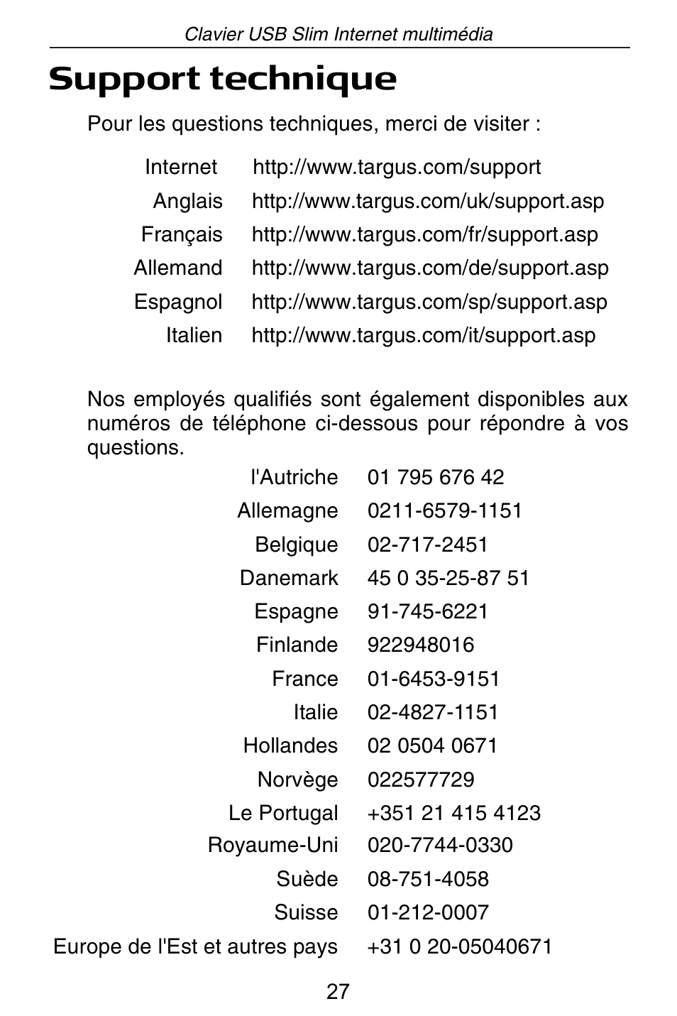 Support technique | Targus slim internet multimedia USB keyboard User Manual | Page 28 / 51