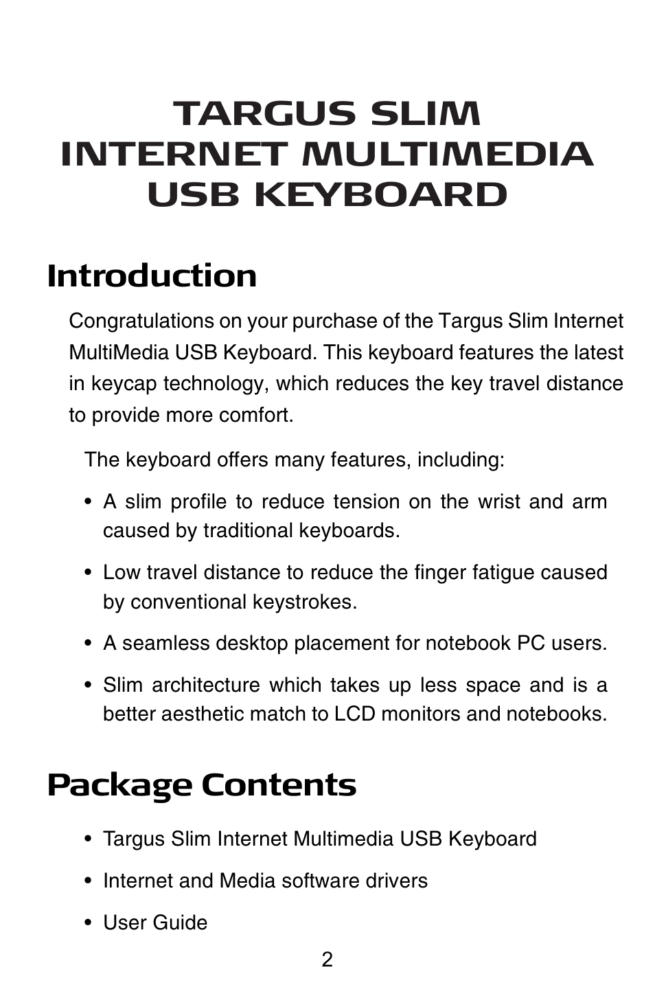 Targus slim internet multimedia usb keyboard, Introduction, Package contents | Targus slim internet multimedia USB keyboard User Manual | Page 3 / 51
