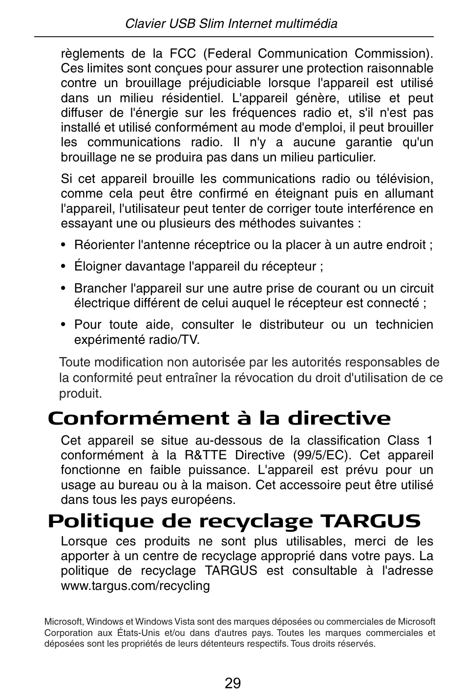 Conformément à la directive, Politique de recyclage targus | Targus slim internet multimedia USB keyboard User Manual | Page 30 / 51