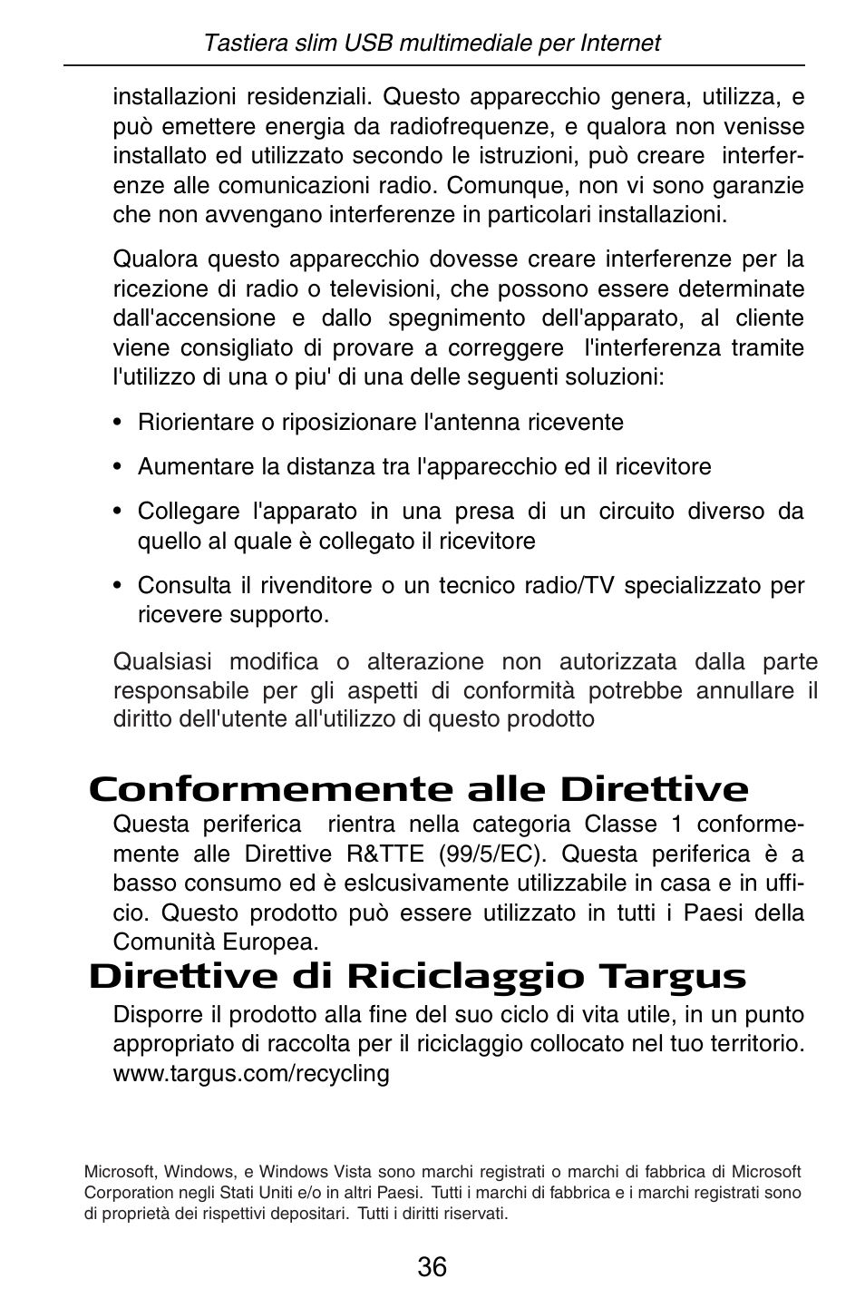 Conformemente alle direttive, Direttive di riciclaggio targus | Targus slim internet multimedia USB keyboard User Manual | Page 37 / 51