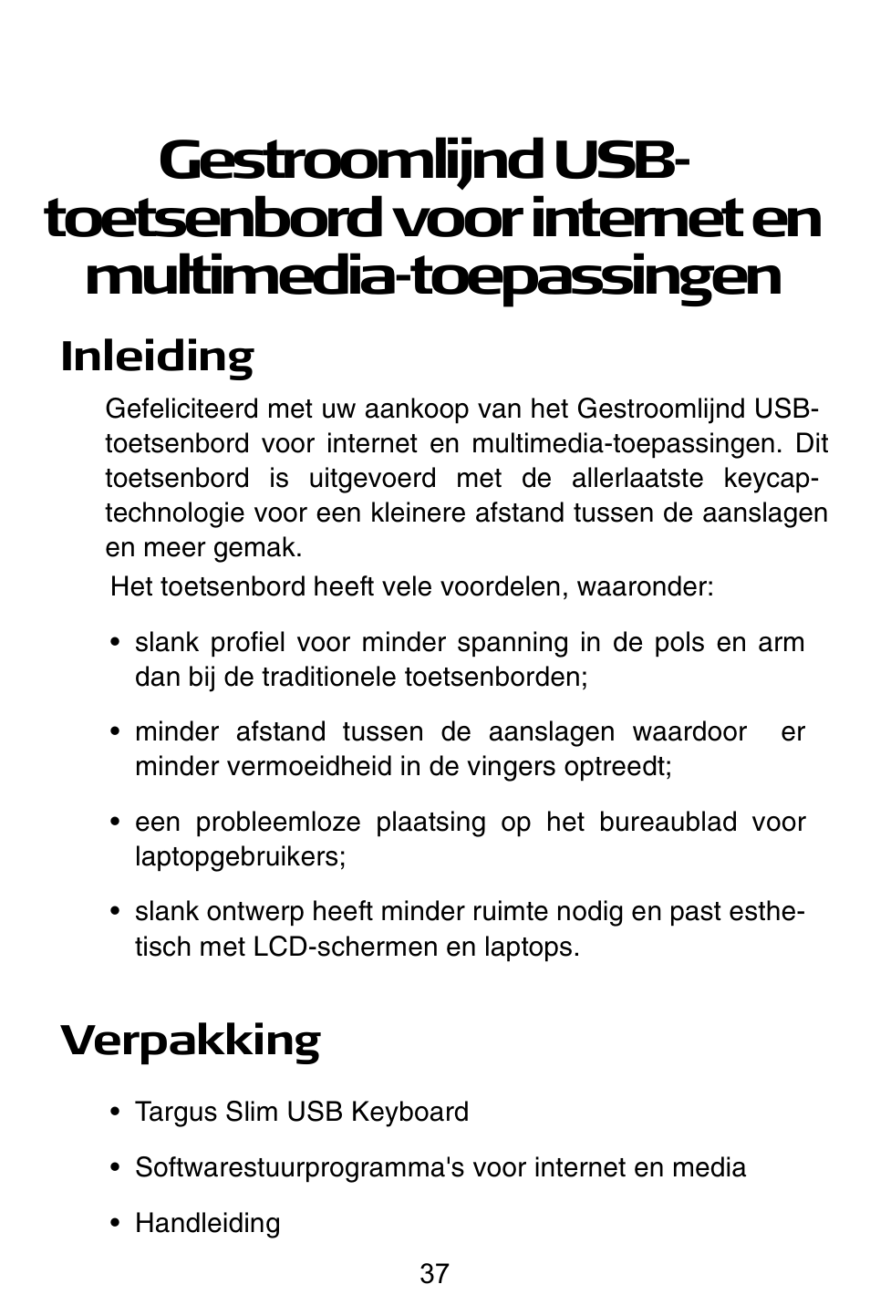 Inleiding, Verpakking | Targus slim internet multimedia USB keyboard User Manual | Page 38 / 51