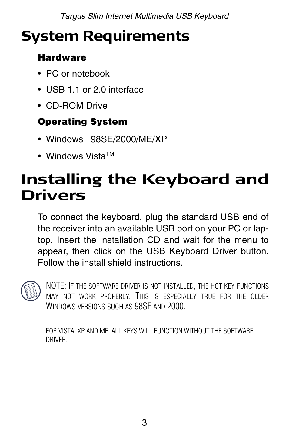 System requirements, Installing the keyboard and drivers | Targus slim internet multimedia USB keyboard User Manual | Page 4 / 51