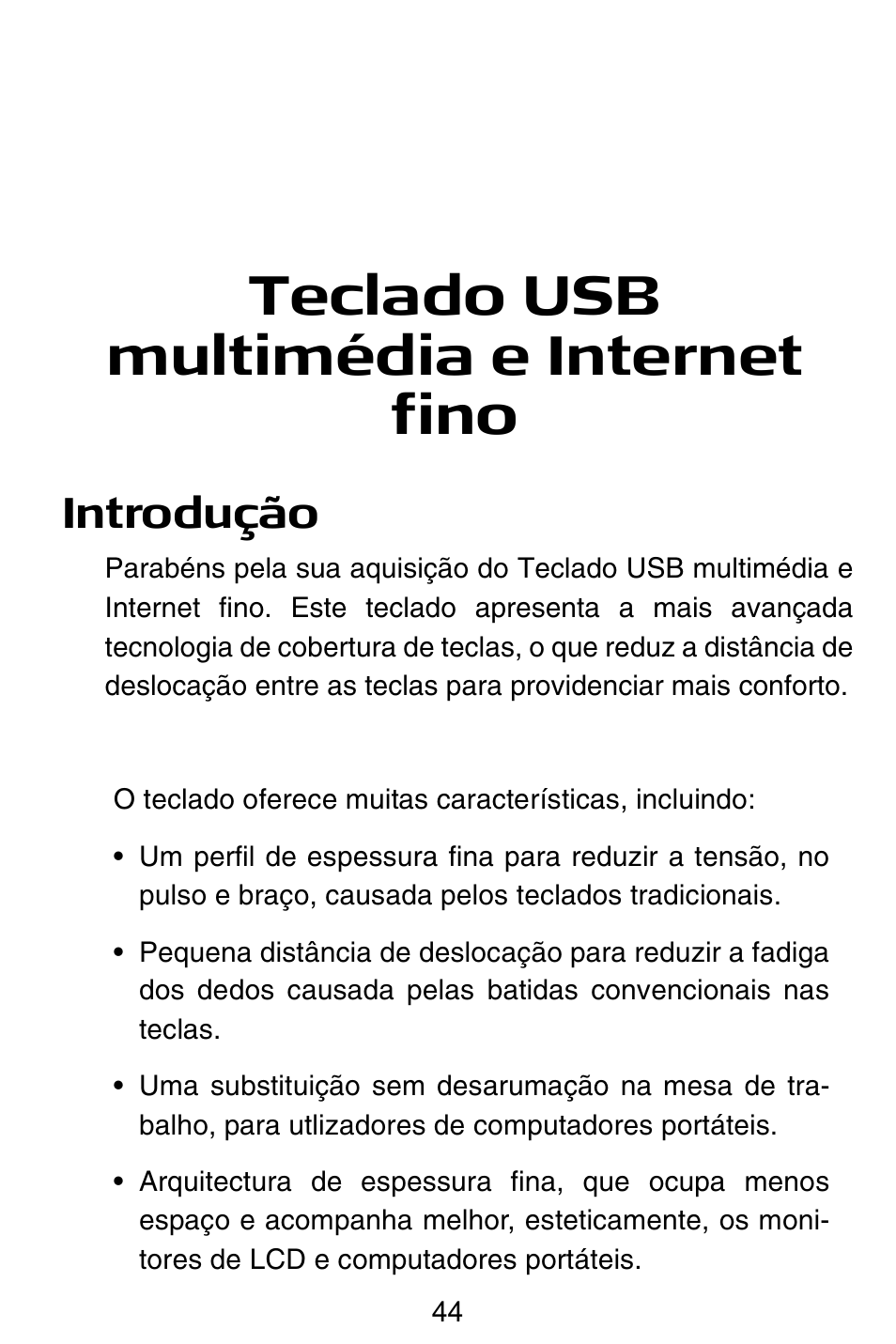 Teclado usb multimédia e internet fino, Introdução | Targus slim internet multimedia USB keyboard User Manual | Page 45 / 51
