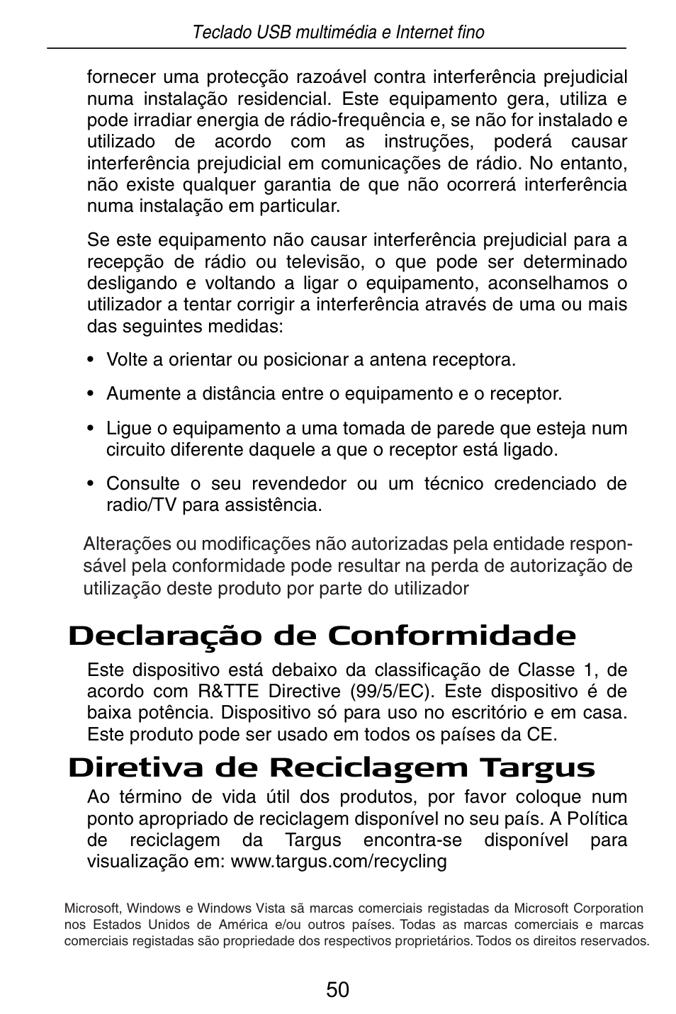 Declaração de conformidade, Diretiva de reciclagem targus | Targus slim internet multimedia USB keyboard User Manual | Page 51 / 51