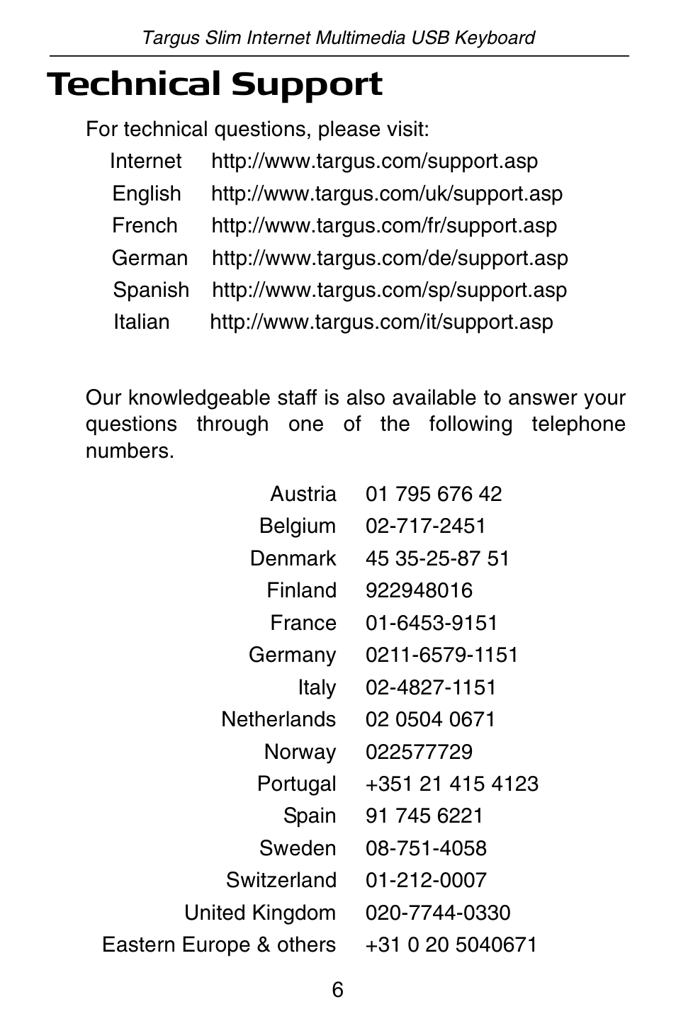 Technical support | Targus slim internet multimedia USB keyboard User Manual | Page 7 / 51