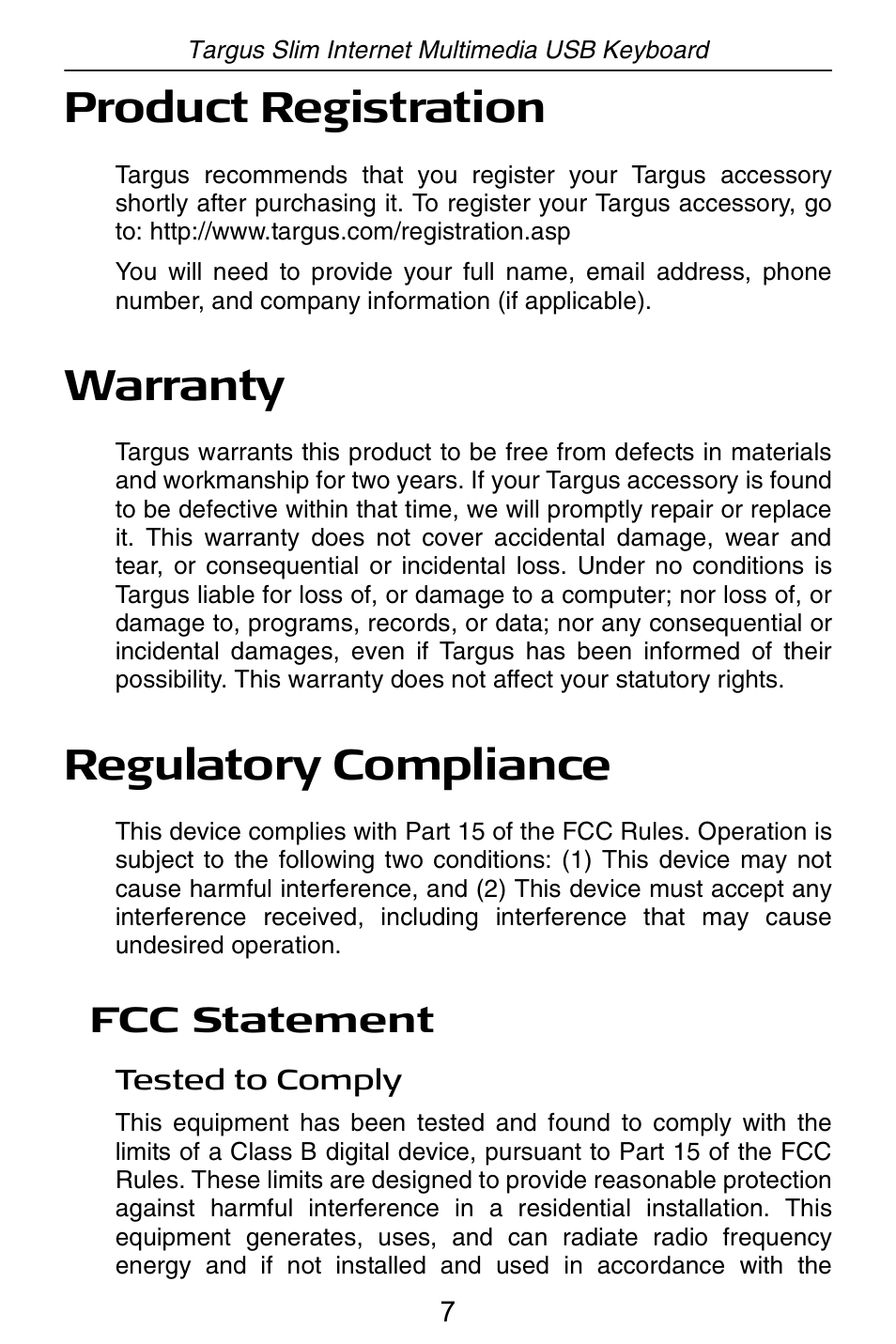 Product registration, Warranty, Regulatory compliance | Fcc statement | Targus slim internet multimedia USB keyboard User Manual | Page 8 / 51