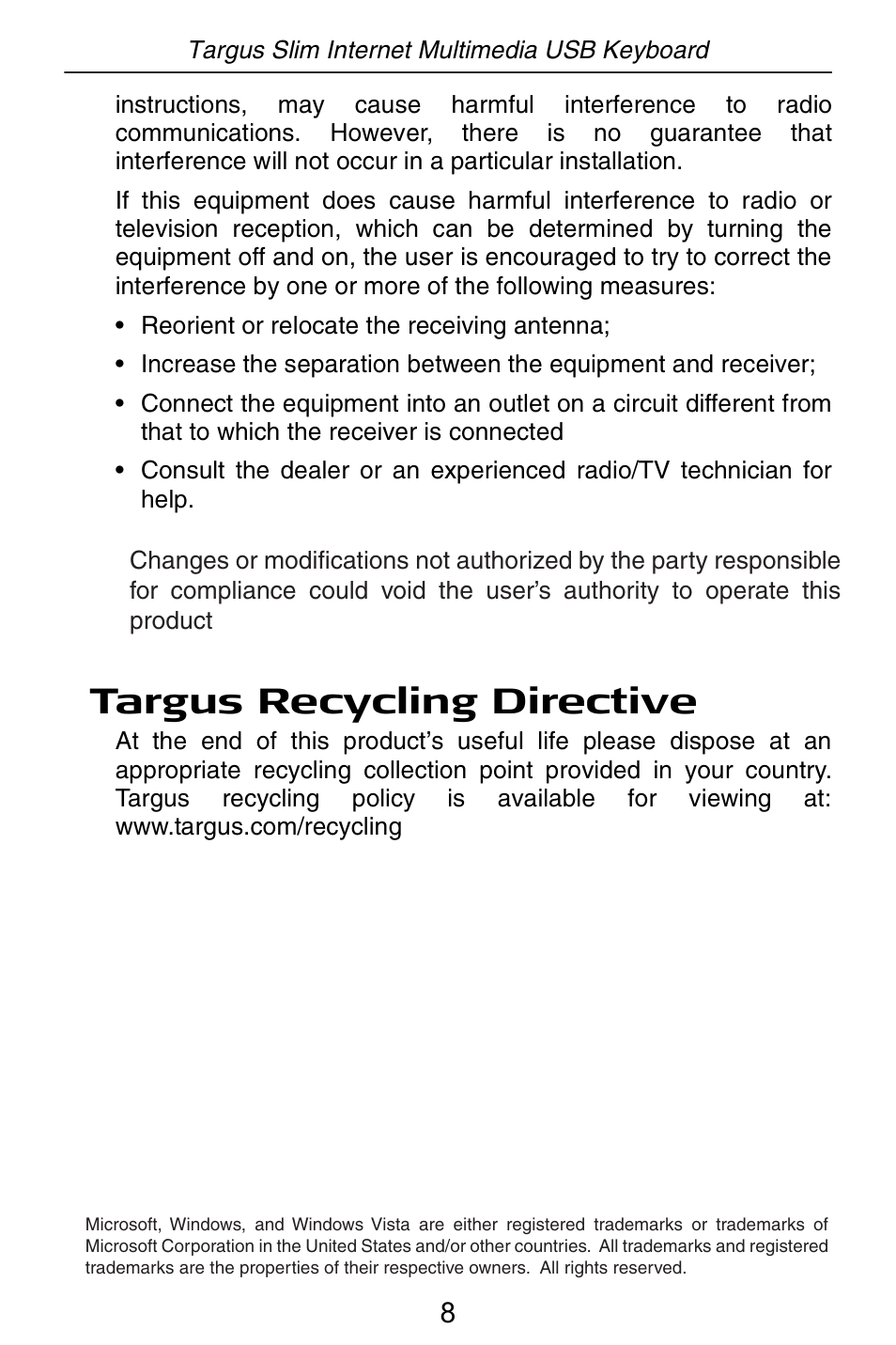Targus recycling directive | Targus slim internet multimedia USB keyboard User Manual | Page 9 / 51