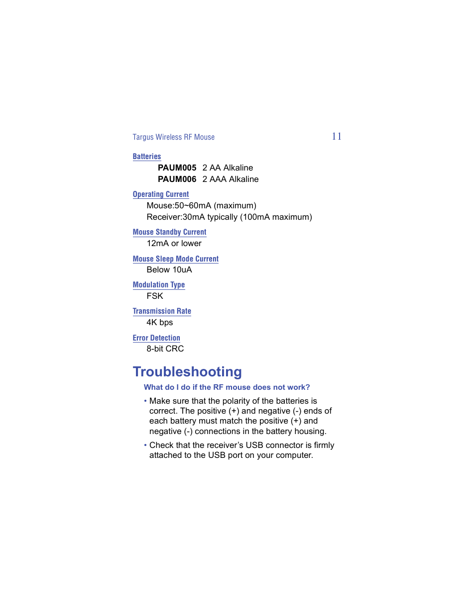 Troubleshooting | Targus Wireless RF Mouse User Manual | Page 11 / 16
