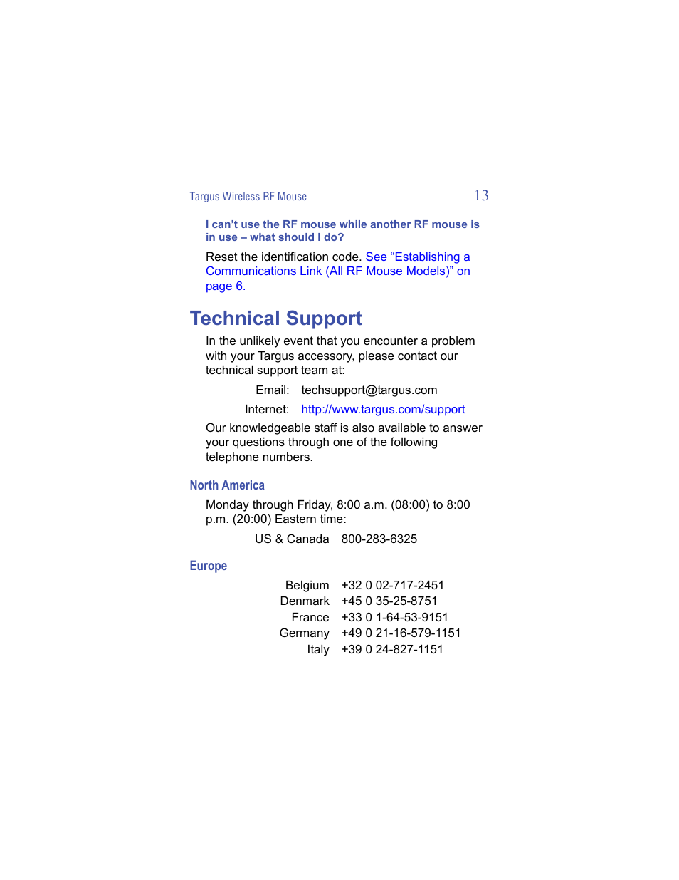 Technical support, North america, Europe | Targus Wireless RF Mouse User Manual | Page 13 / 16