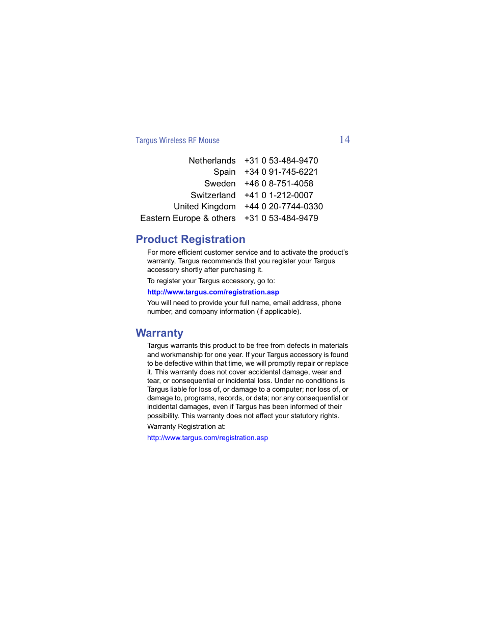 Product registration, Warranty | Targus Wireless RF Mouse User Manual | Page 14 / 16