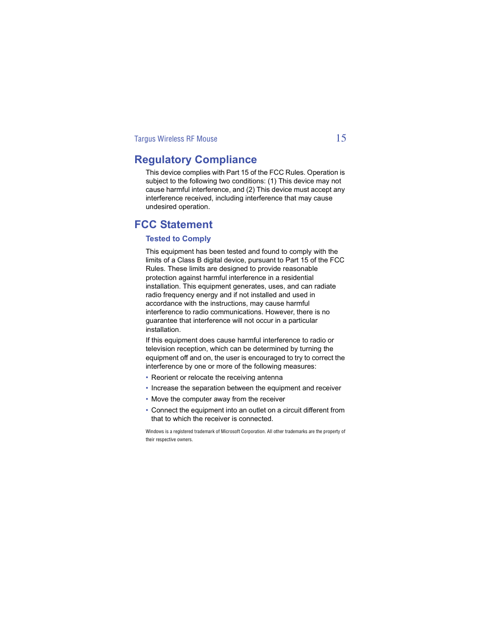 Regulatory compliance, Fcc statement, 15 regulatory compliance | Targus Wireless RF Mouse User Manual | Page 15 / 16