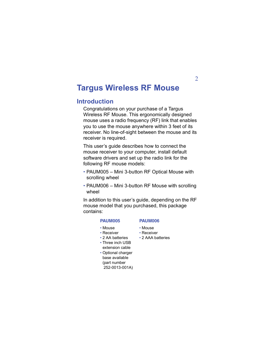 Targus wireless rf mouse, Introduction | Targus Wireless RF Mouse User Manual | Page 2 / 16