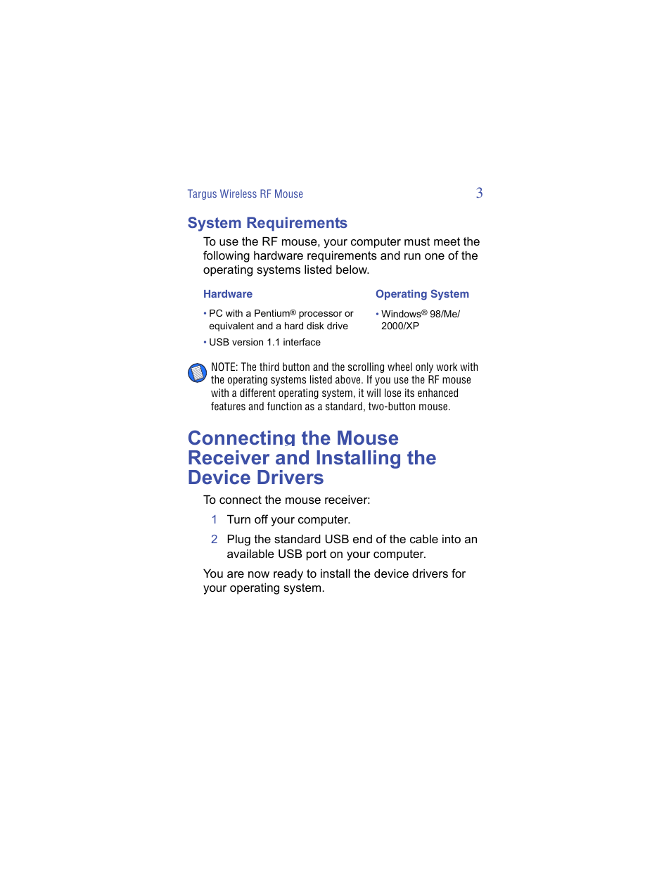 System requirements, 3system requirements | Targus Wireless RF Mouse User Manual | Page 3 / 16