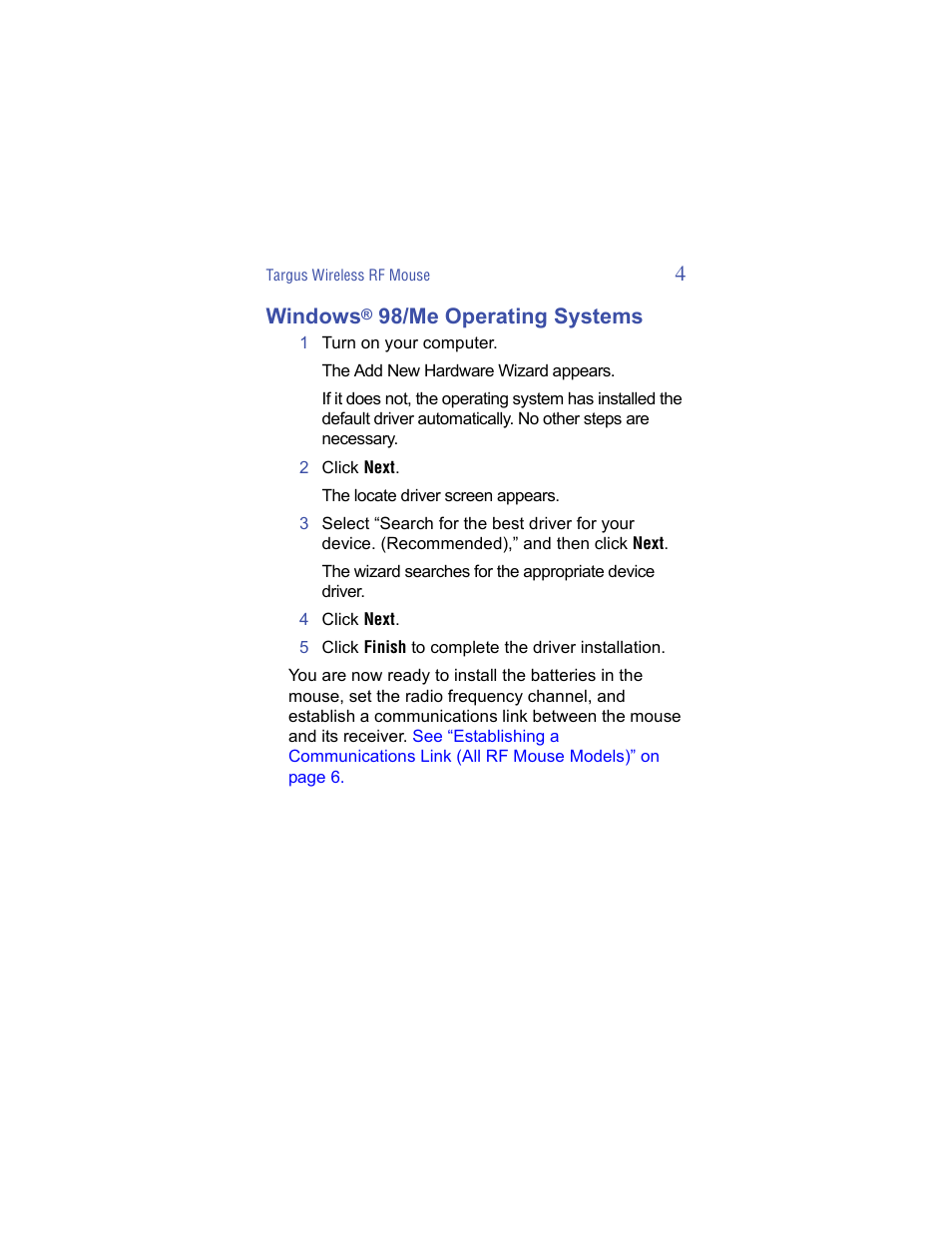 Windows® 98/me operating systems, 4windows, 98/me operating systems | Targus Wireless RF Mouse User Manual | Page 4 / 16