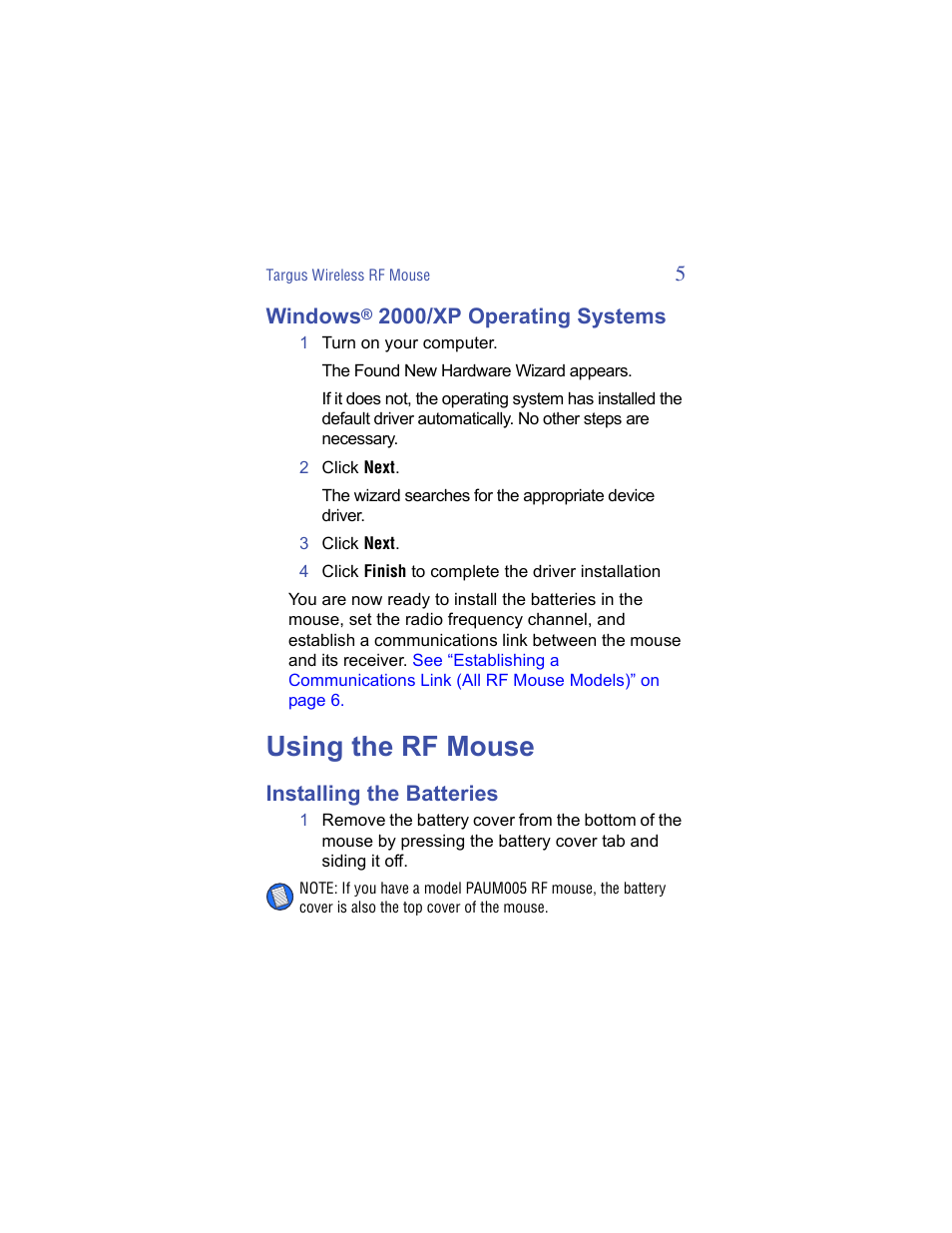 Windows® 2000/xp operating systems, Using the rf mouse, Installing the batteries | Targus Wireless RF Mouse User Manual | Page 5 / 16