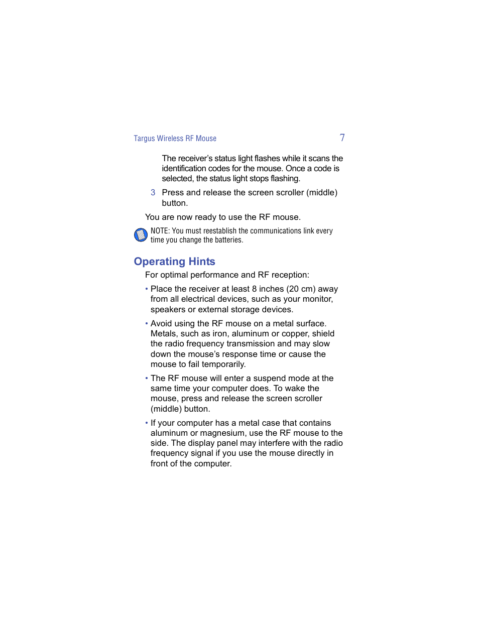 Operating hints | Targus Wireless RF Mouse User Manual | Page 7 / 16