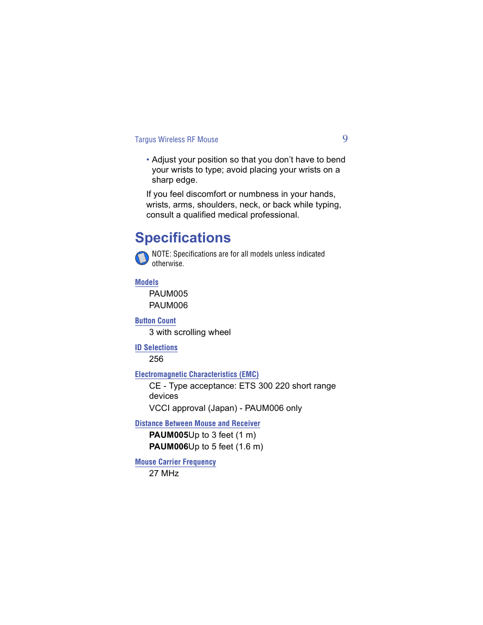 Specifications | Targus Wireless RF Mouse User Manual | Page 9 / 16