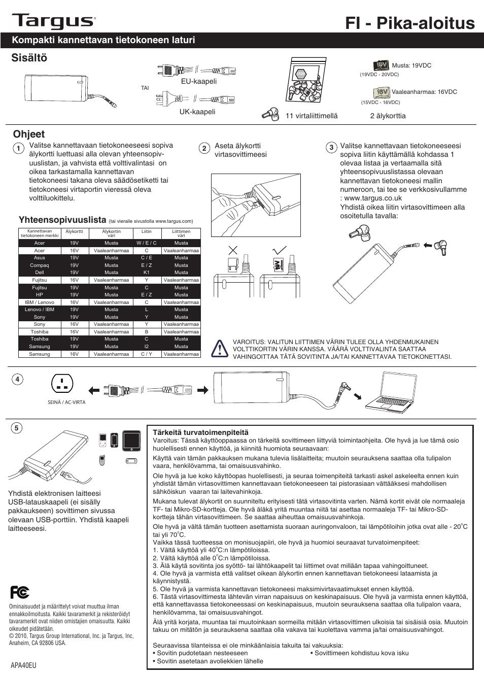 Apa40_fi, Fi - pika-aloitus, Sisältö | Ohjeet, Kompakti kannettavan tietokoneen laturi, Yhteensopivuuslista | Targus APA40EU User Manual | Page 10 / 27