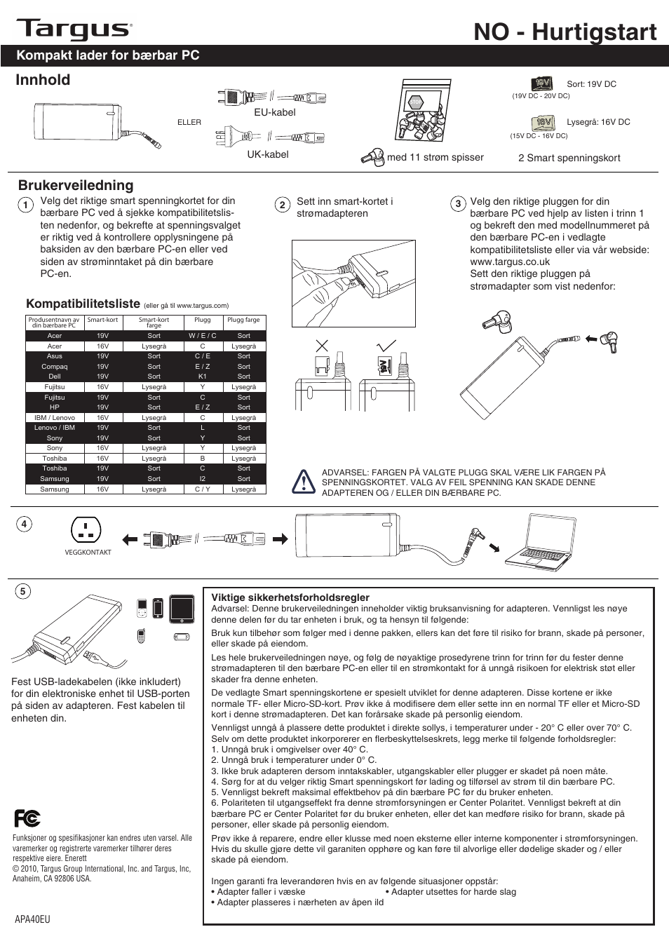 Apa40_no, No - hurtigstart, Innhold | Brukerveiledning, Kompakt lader for bærbar pc, Kompatibilitetsliste | Targus APA40EU User Manual | Page 19 / 27