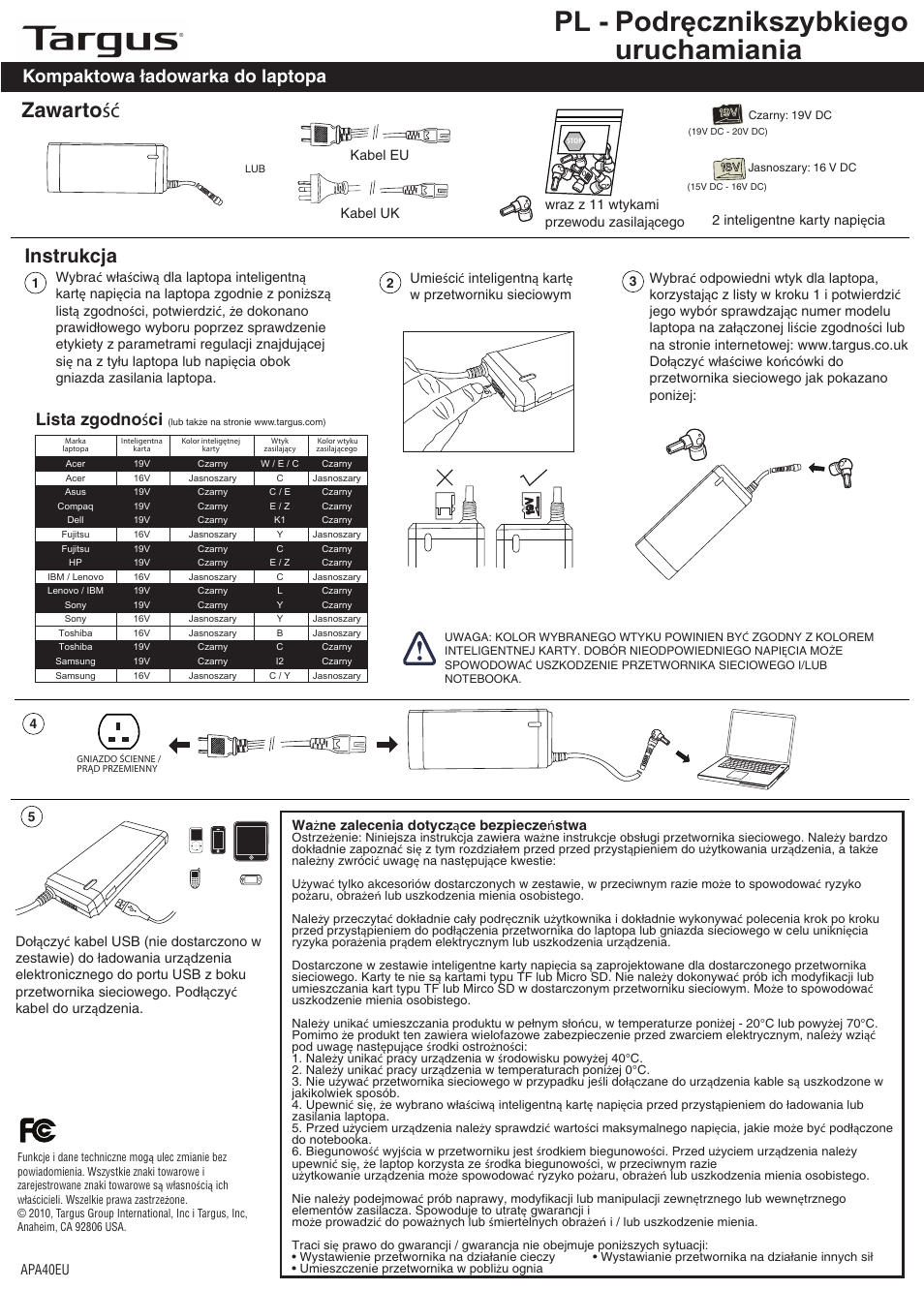 Apa40_pl, Podręcznikszybkiego uruchamiania, Zawarto ść | Instrukcja, Kompaktowa ładowarka do laptopa, Lista zgodno ś ci | Targus APA40EU User Manual | Page 20 / 27