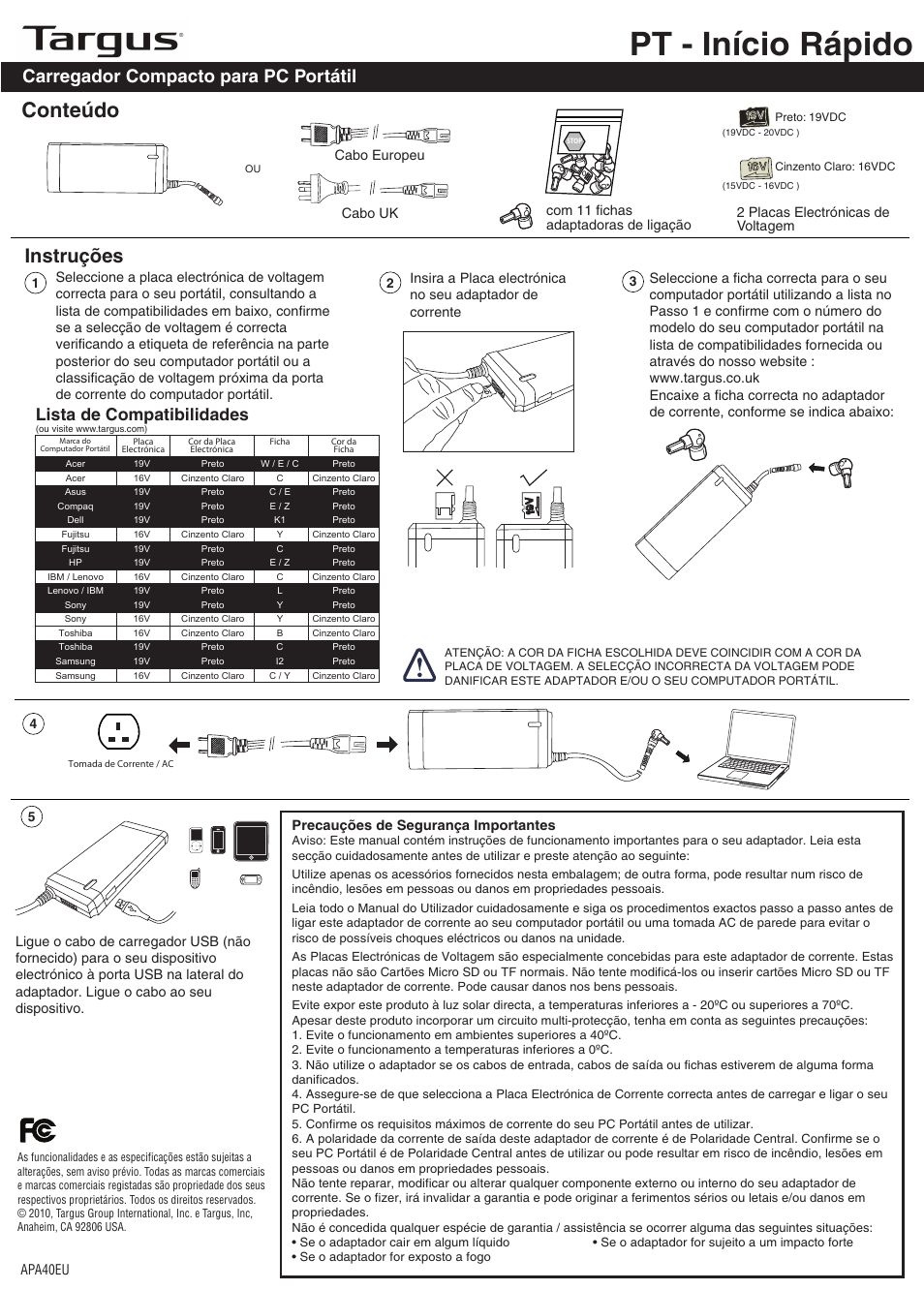 Apa40_pt, Pt - início rápido, Conteúdo | Instruções, Carregador compacto para pc portátil, Lista de compatibilidades | Targus APA40EU User Manual | Page 21 / 27