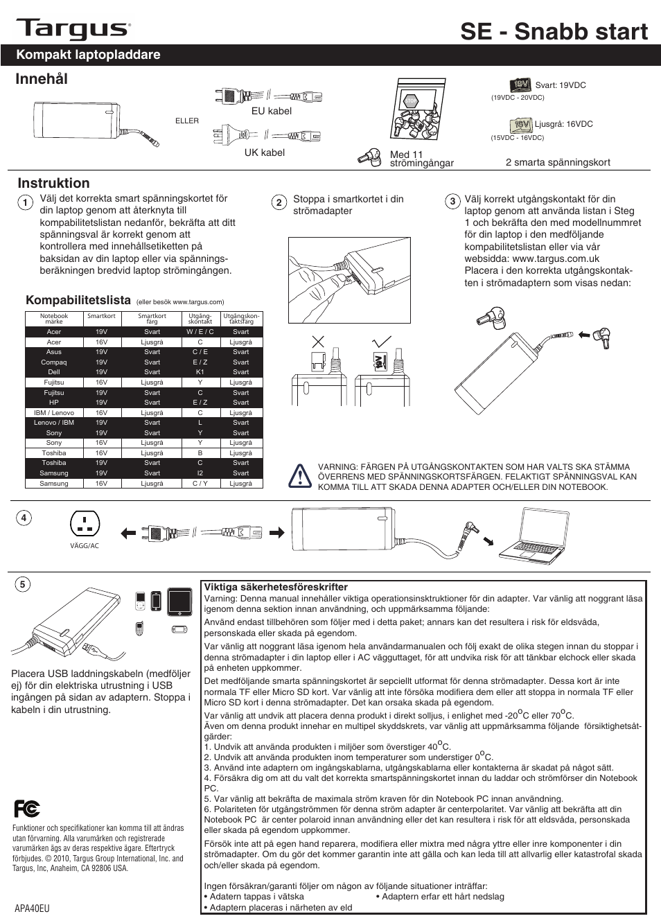 Apa40_se, Se - snabb start, Innehål | Instruktion, Kompakt laptopladdare, Kompabilitetslista | Targus APA40EU User Manual | Page 24 / 27