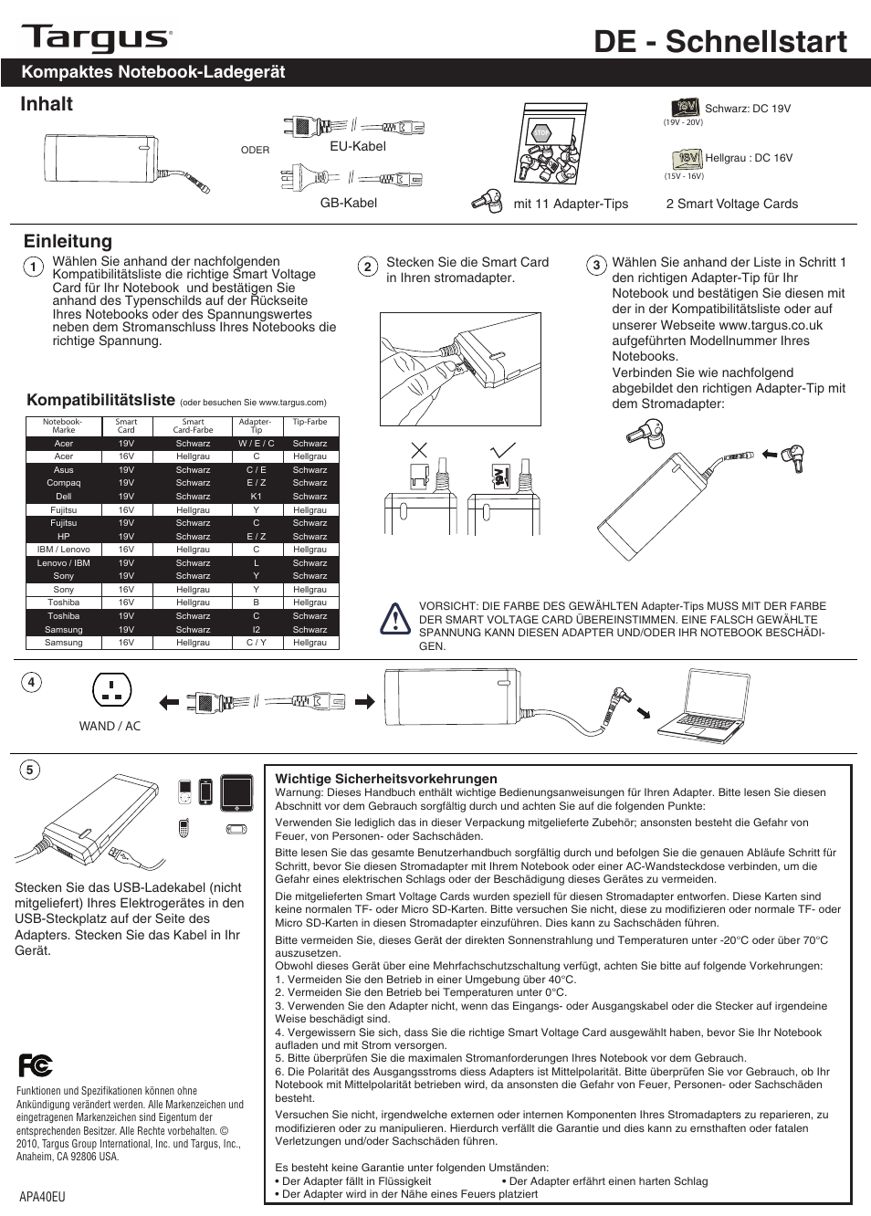 Apa40_de, De - schnellstart, Inhalt | Einleitung, Kompatibilitätsliste | Targus APA40EU User Manual | Page 6 / 27