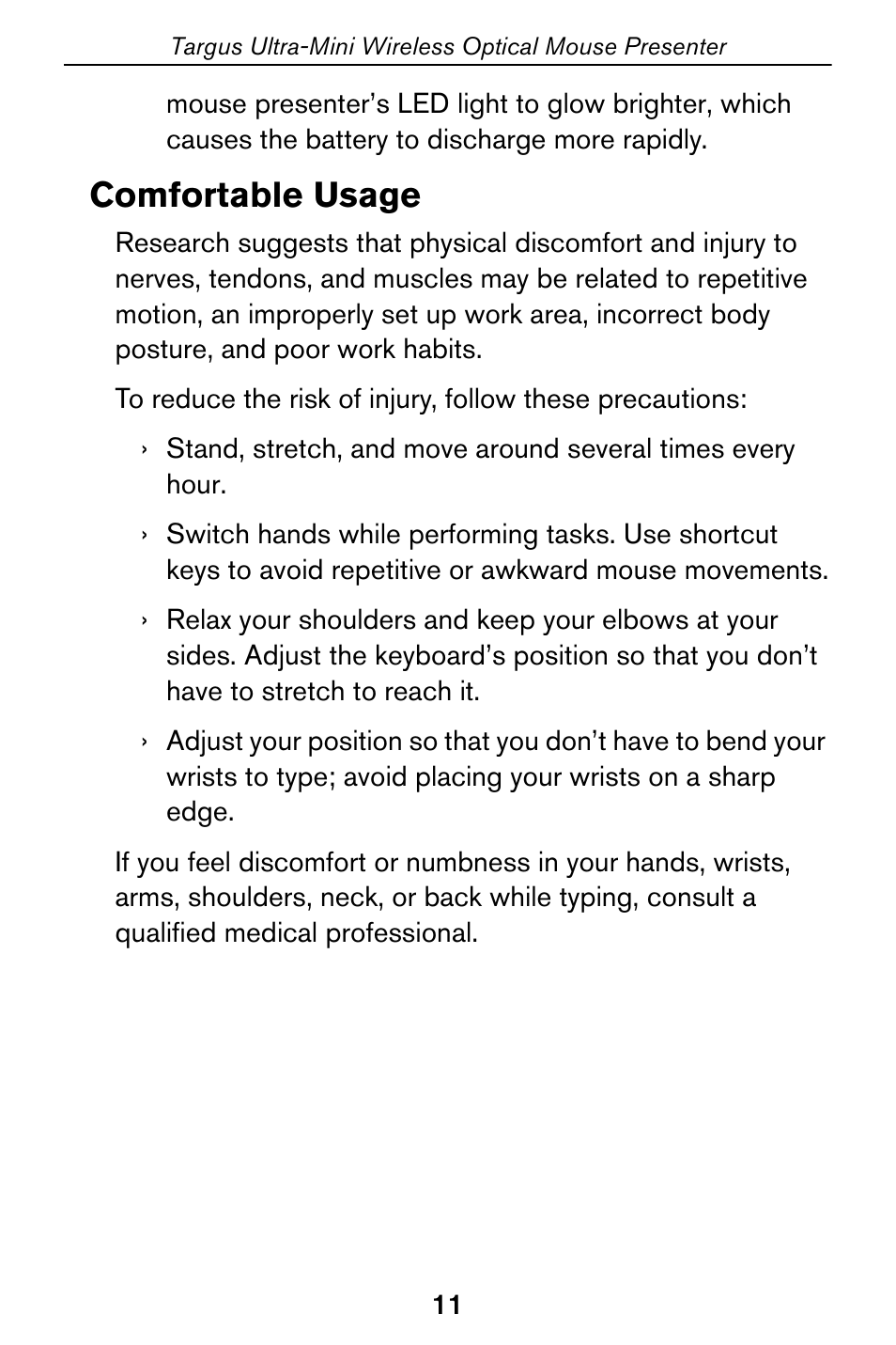 Comfortable usage | Targus Optical Mouse User Manual | Page 11 / 17