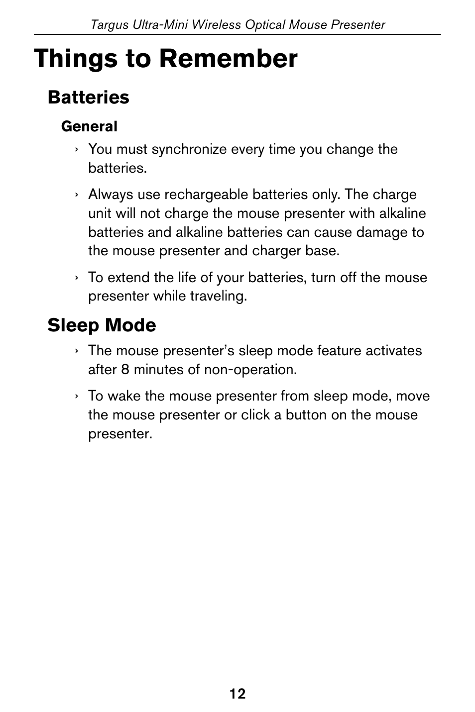 Things to remember, Batteries, Sleep mode | Targus Optical Mouse User Manual | Page 12 / 17