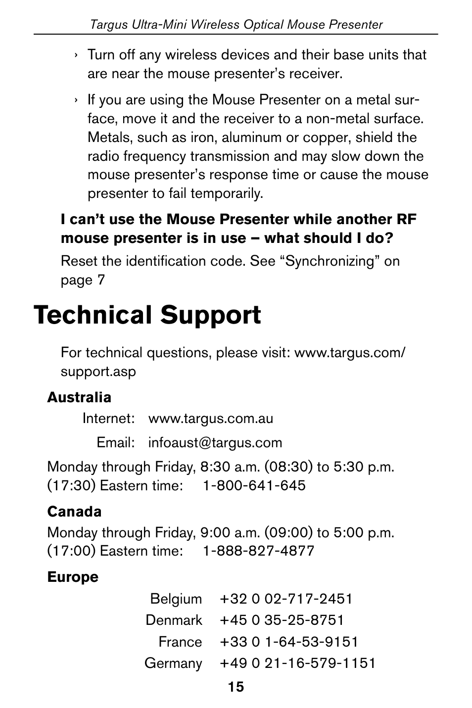 Technical support | Targus Optical Mouse User Manual | Page 15 / 17