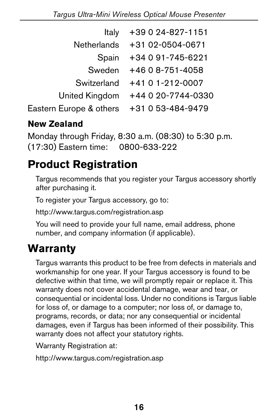 Product registration, Warranty | Targus Optical Mouse User Manual | Page 16 / 17