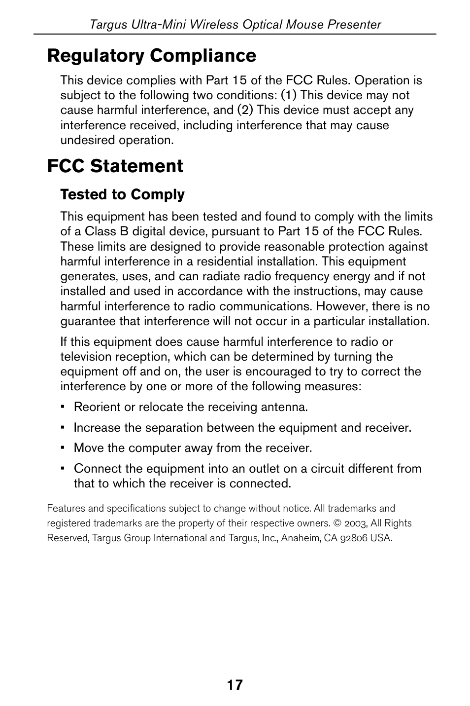 Regulatory compliance, Fcc statement | Targus Optical Mouse User Manual | Page 17 / 17