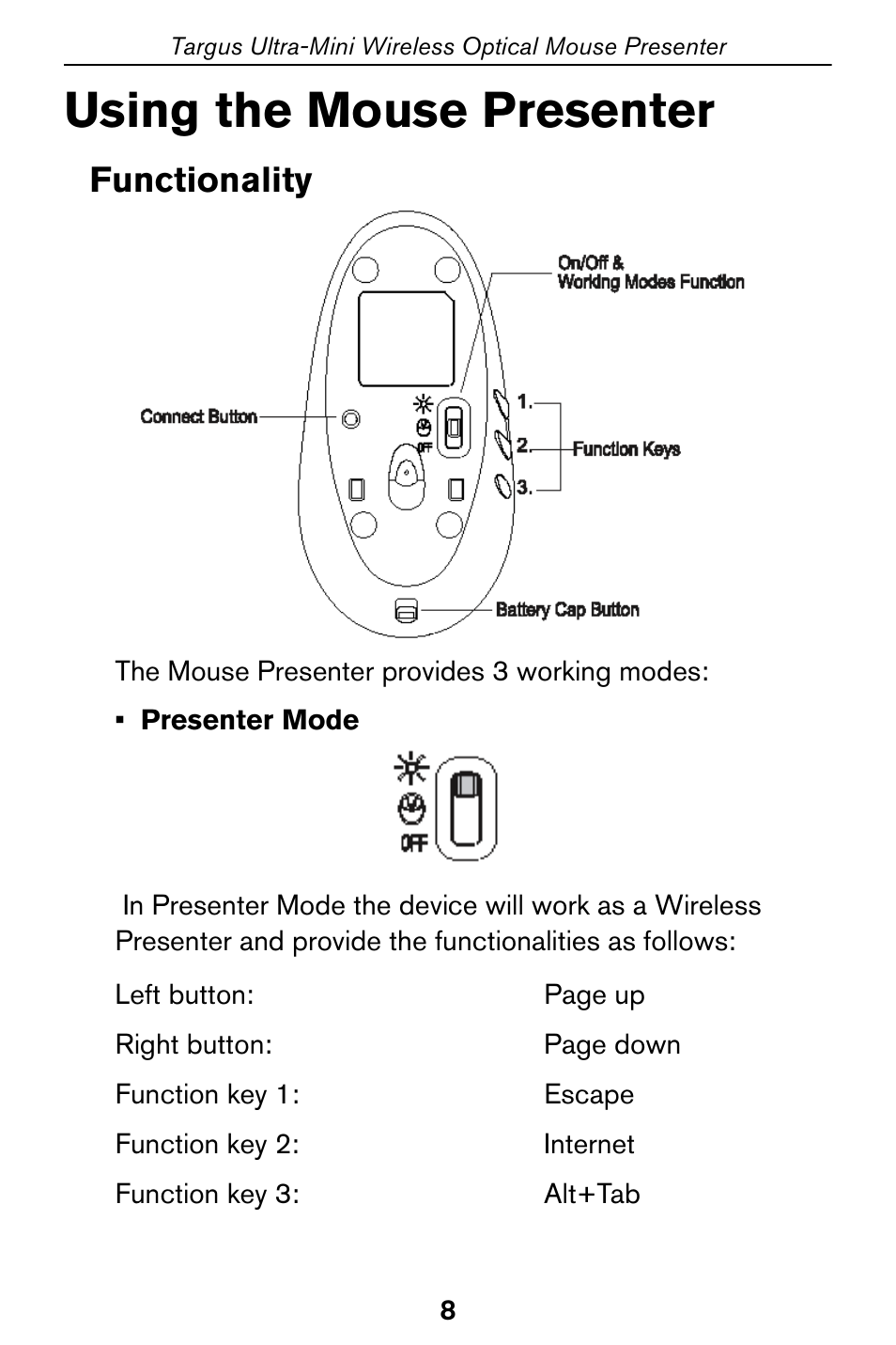 Using the mouse presenter, Functionality | Targus Optical Mouse User Manual | Page 8 / 17