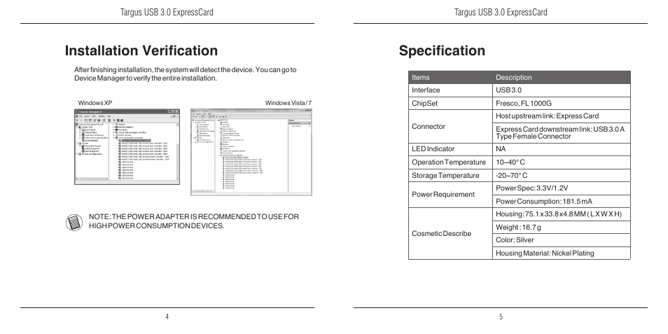 Installation verification, Specification | Targus USB 3.0 ExpressCard 410-2207-001A User Manual | Page 3 / 4